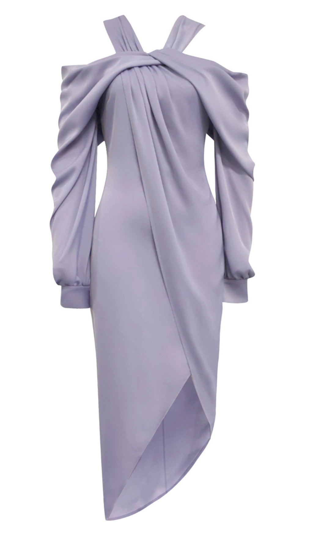 COLD - SHOULDER DRAPED ASYMMETRIC MIDI DRESS IN LILAC