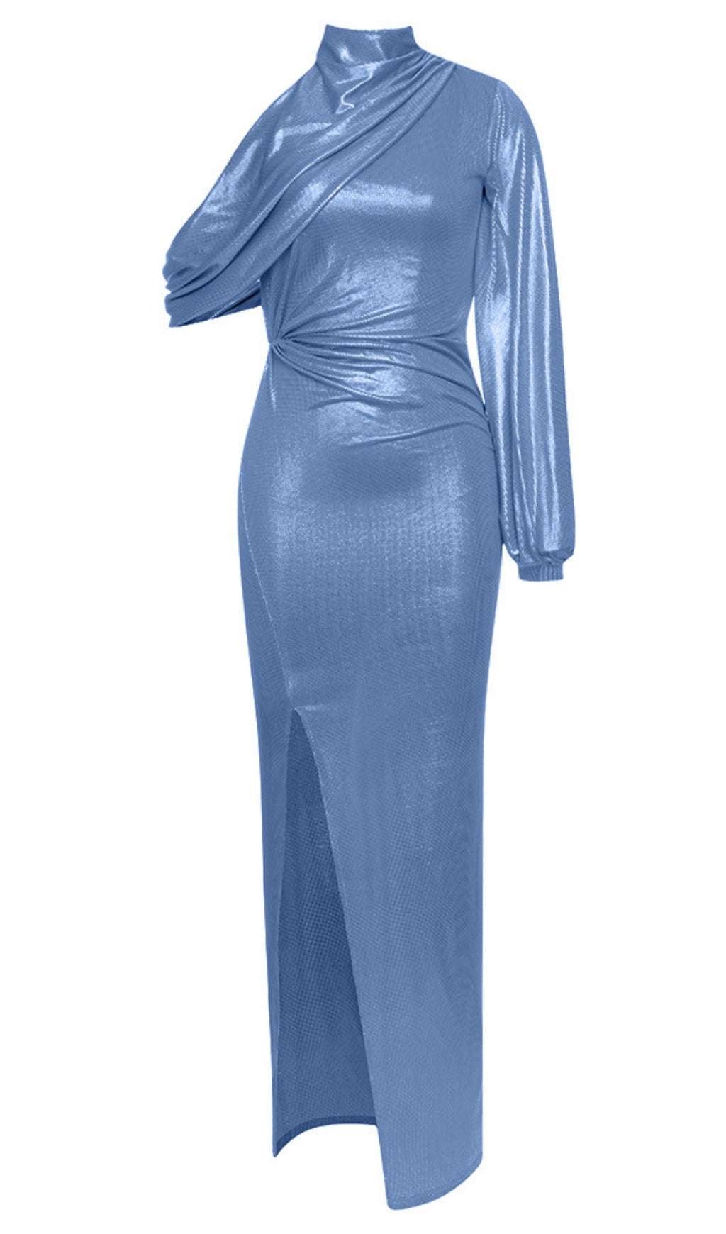 METALLIC DRAPED SLIT MIDI DRESS IN LIGHT BLUE
