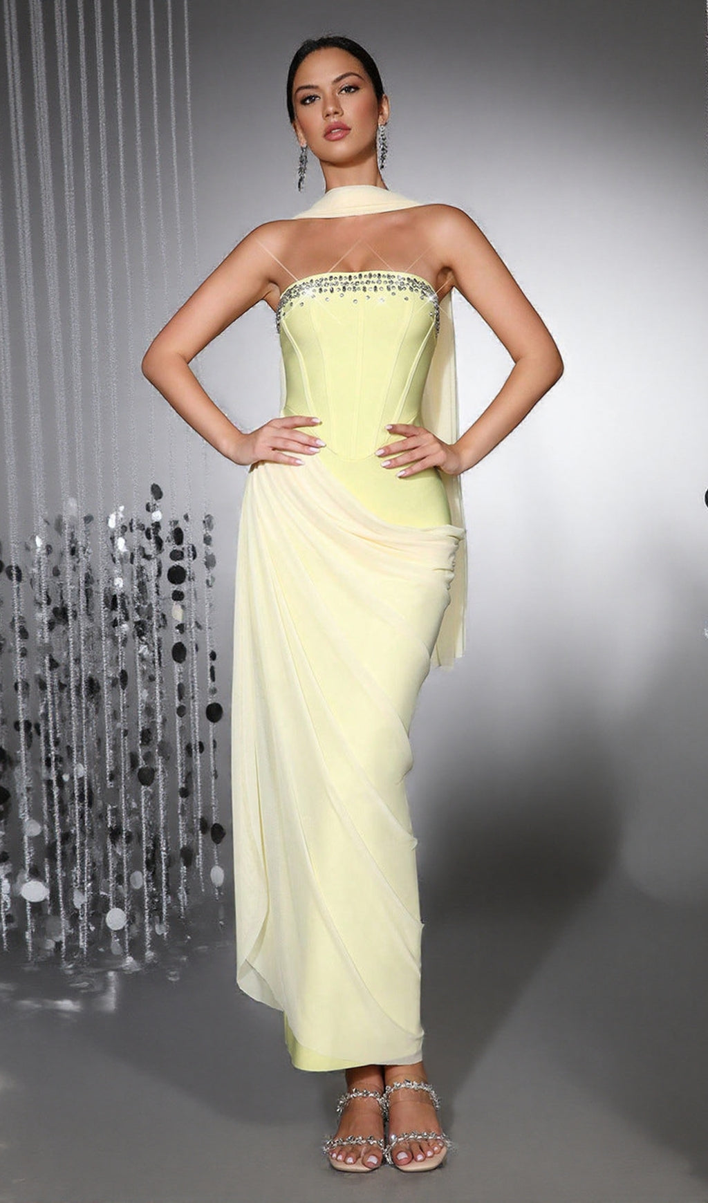 RHINESTONE PATCHWORK STRAPLESS HERRINGBONE MAXI DRESS - YELLOW