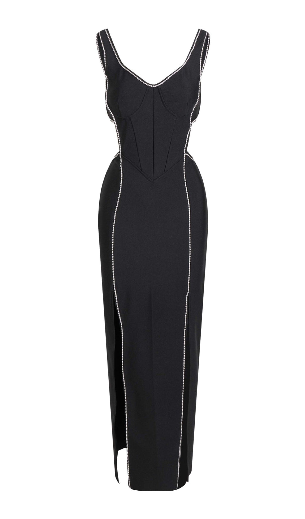 Schwarzes Maxikleid mit V-Ausschnitt und seitlichem Schlitz und Strassbesatz