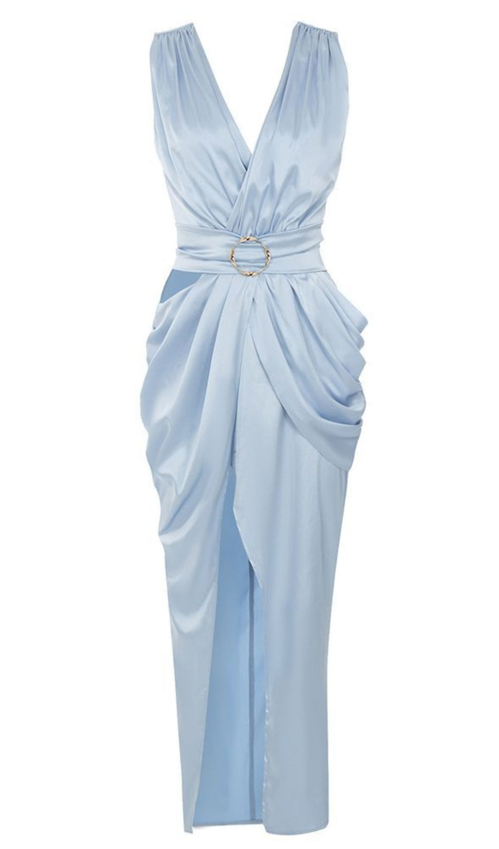 SATIN RUCHED BELTED MIDI DRESS IN LIGHT BLUE