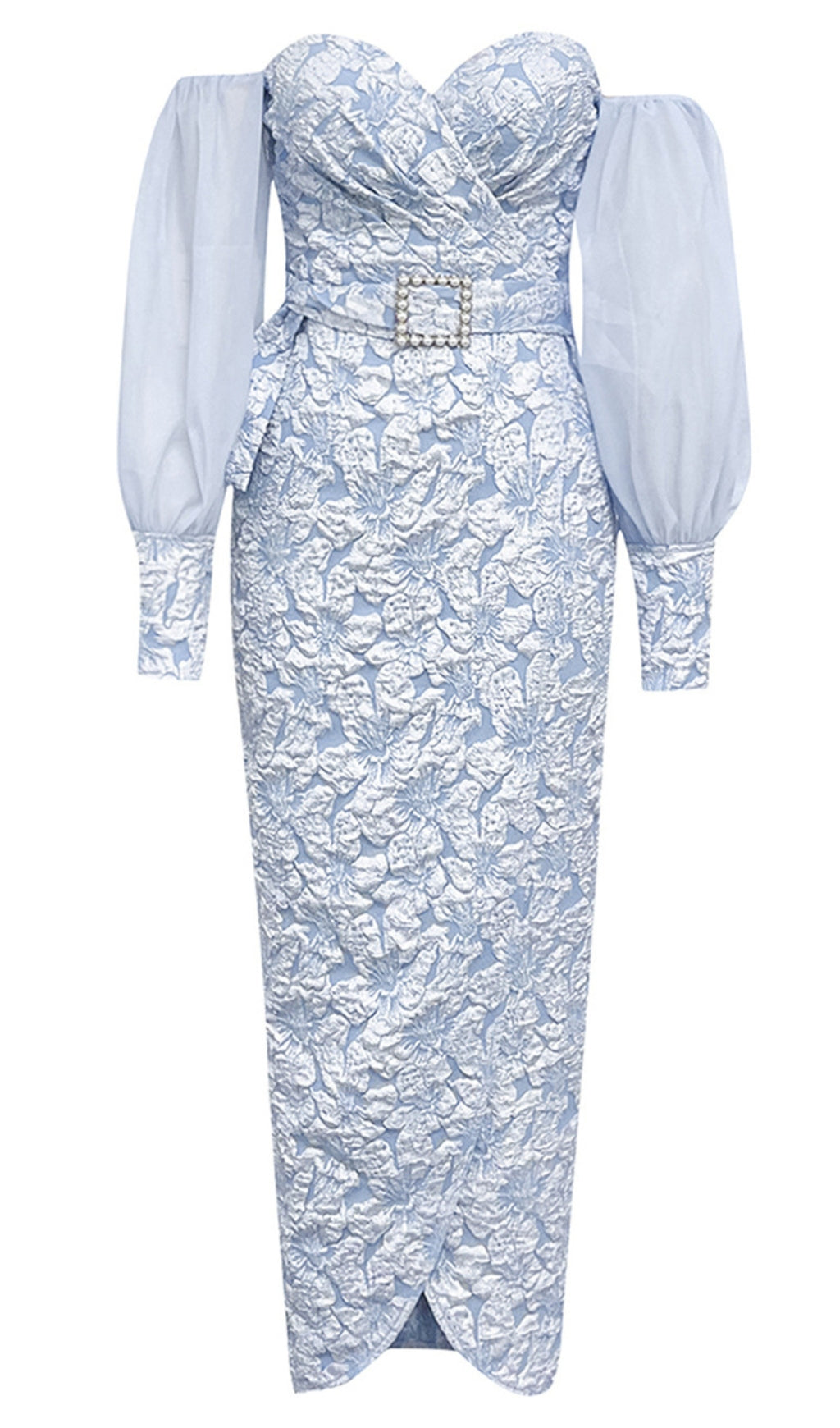 ABITO MIDI IN BROCCATO FLOREALE CON CINTURA E SPALLE SCOPERTE IN AZZURRO