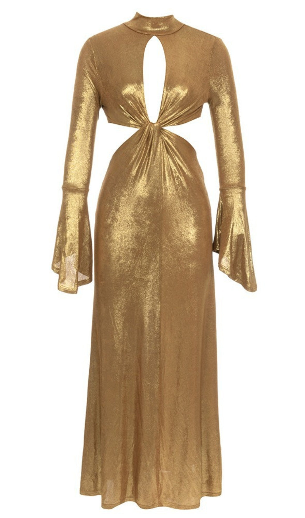 CUT - OUT TWIST FRONT FLARE - SLEEVE MAXI DRESS IN GOLD