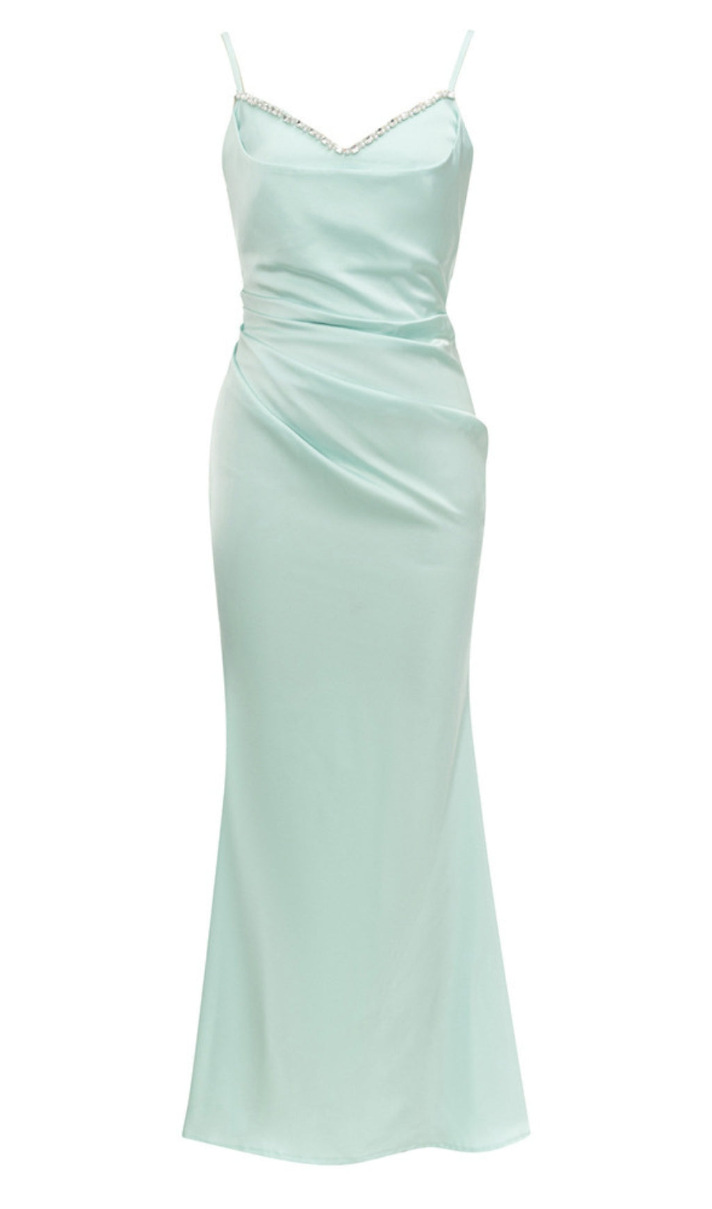 SATIN RHINESTONE - TRIMMED RUCHED MAXI DRESS IN LIGHT BLUE