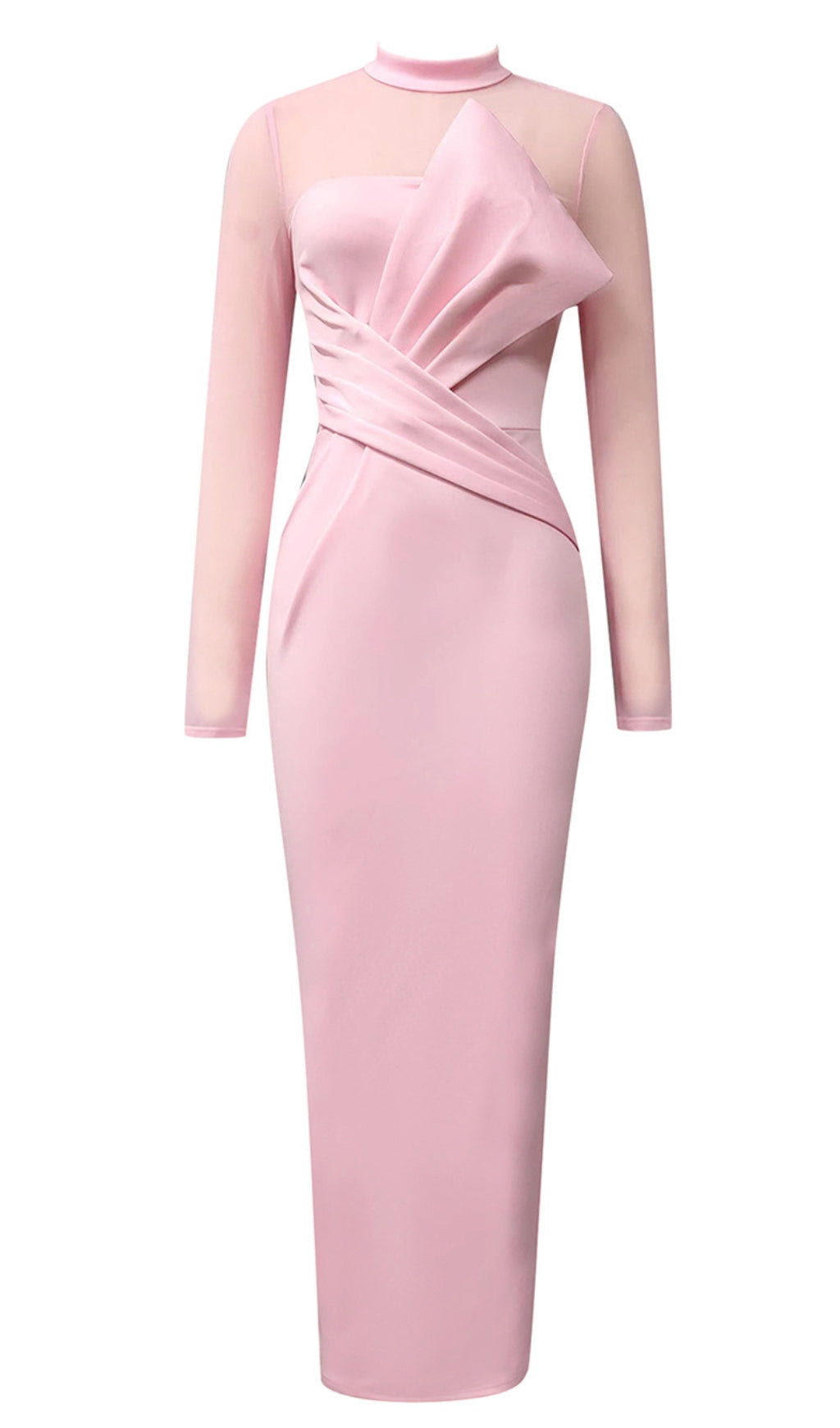 MOCK NECK MESH - SLEEVE BOW - DETAIL MIDI DRESS IN PINK