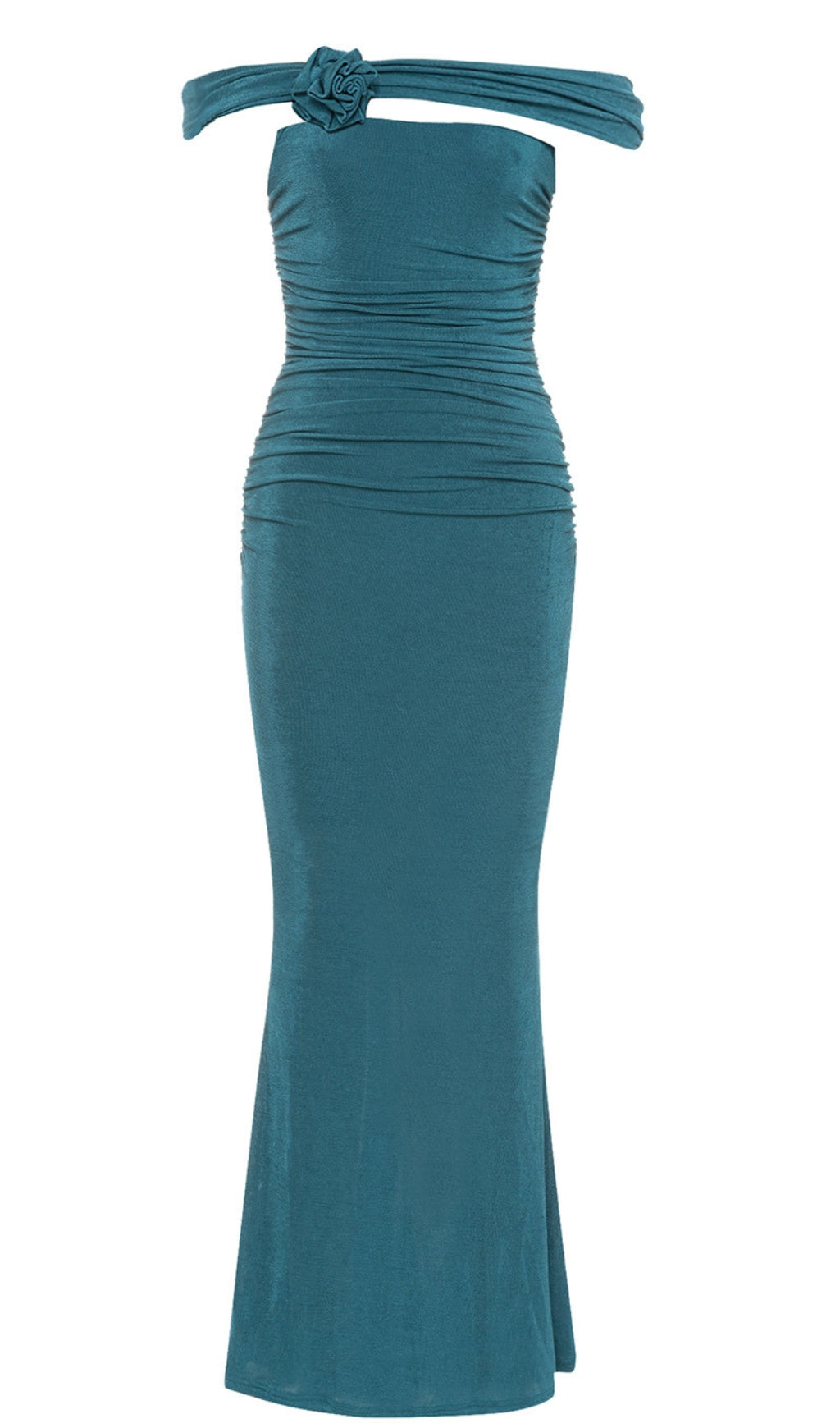 OFF - SHOULDER FLOWER - ACCENT RUCHED MERMAID DRESS IN TEAL