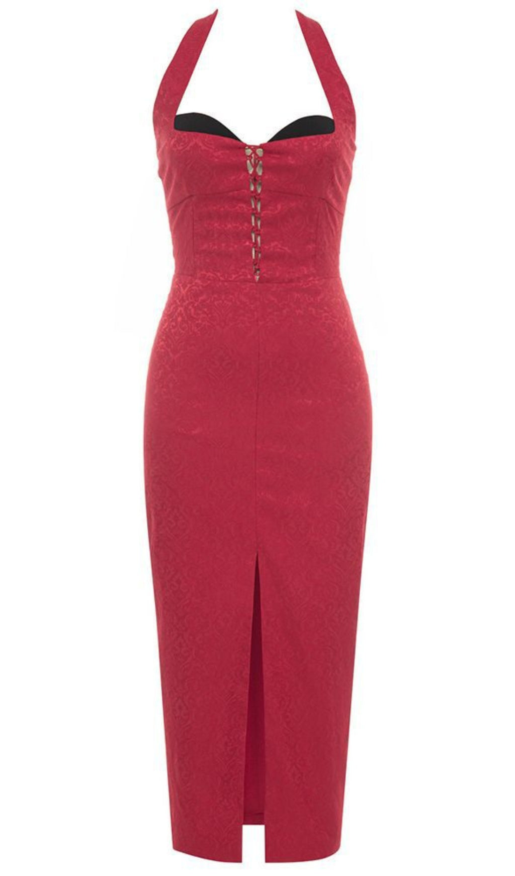 ABITO MIDI IN BROCCATO CON SCOLLO ALL'AMERICANA E PIZZO ROSSO