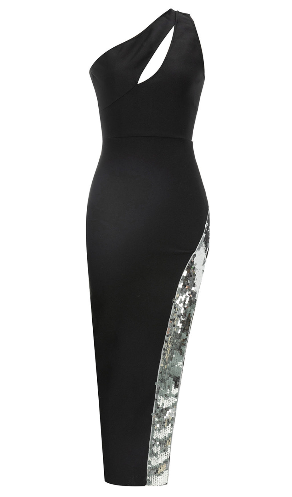 AIIZIE ONE - SHOULDER CUTOUT SEQUIN - TRIM MIDI DRESS IN BLACK - product image