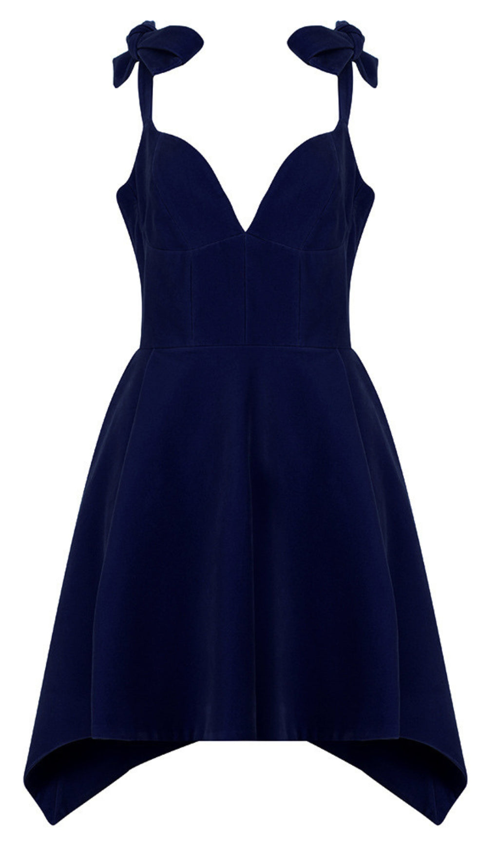 BOW - STRAP V - NECK ASYMMETRIC MINI DRESS IN NAVY BLUE