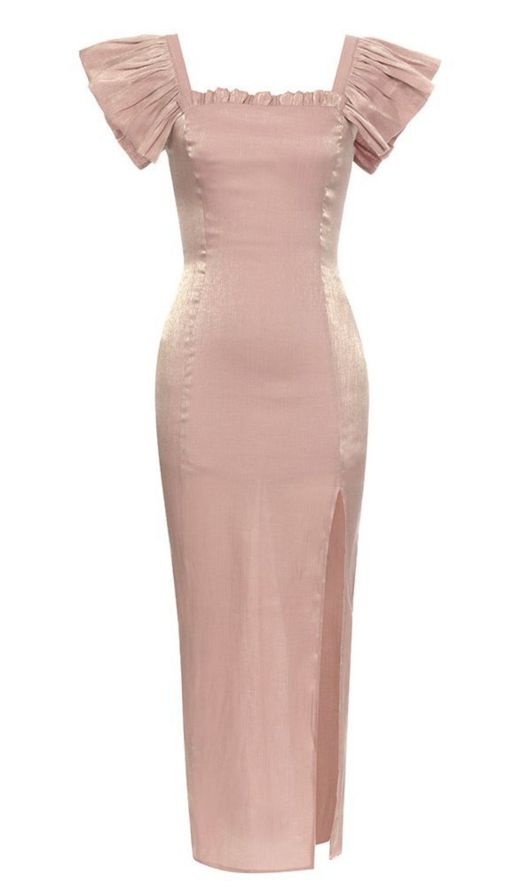 Midikleid mit Rüschen und Schlitz am Ausschnitt in Hellrosa