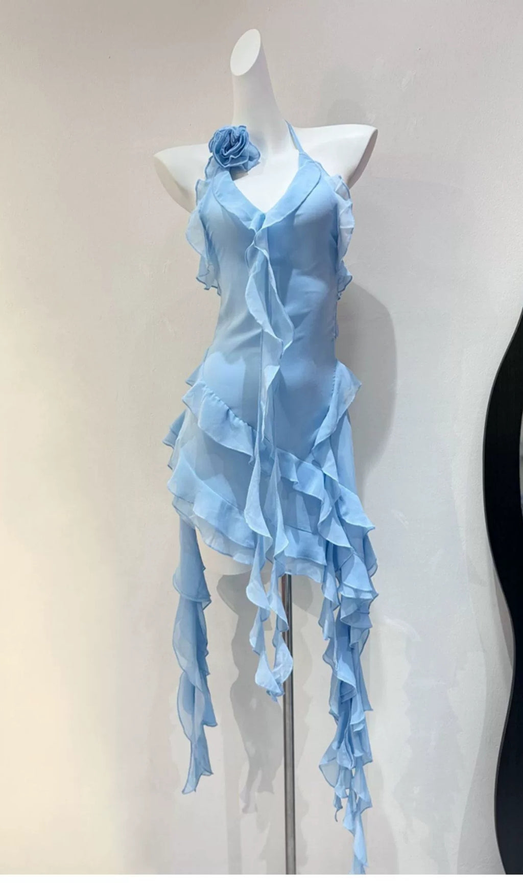 BLUE RUFFLED HALTER NECK MINI DRESS