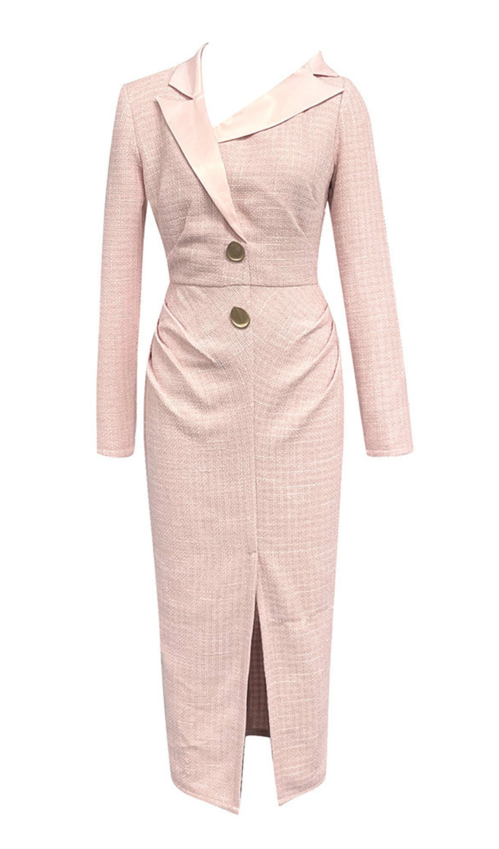 Asymmetrischer Kragenknopf – Midikleid mit Schlitz vorne in Pink