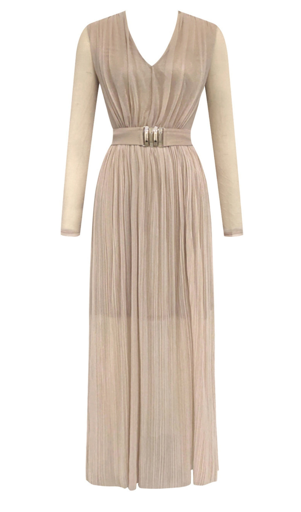 Plissiertes Maxikleid mit V-Ausschnitt und Gürtel in Beige