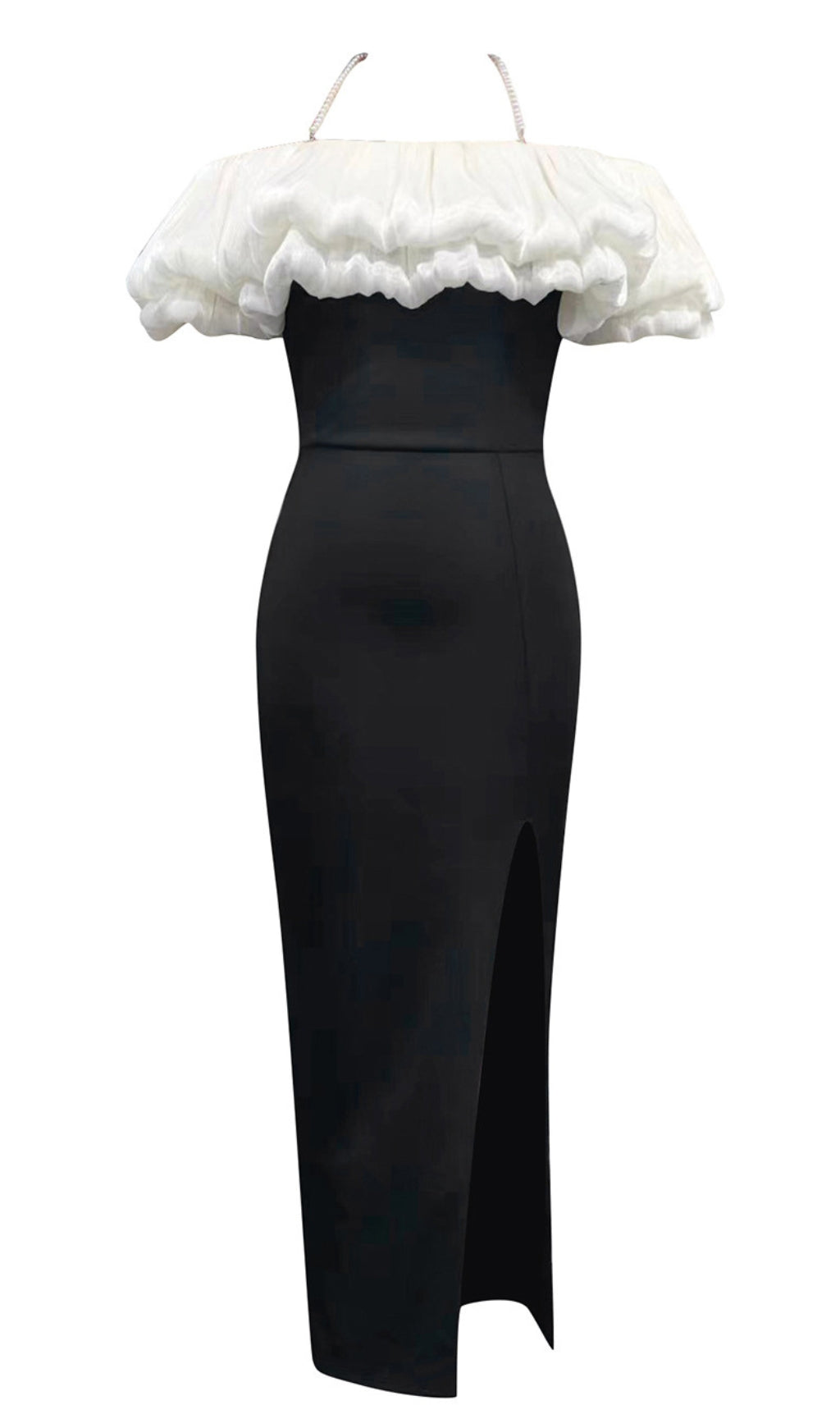 OFF - SHOULDER RUFFLED SLIT MIDI DRESS IN BLACK