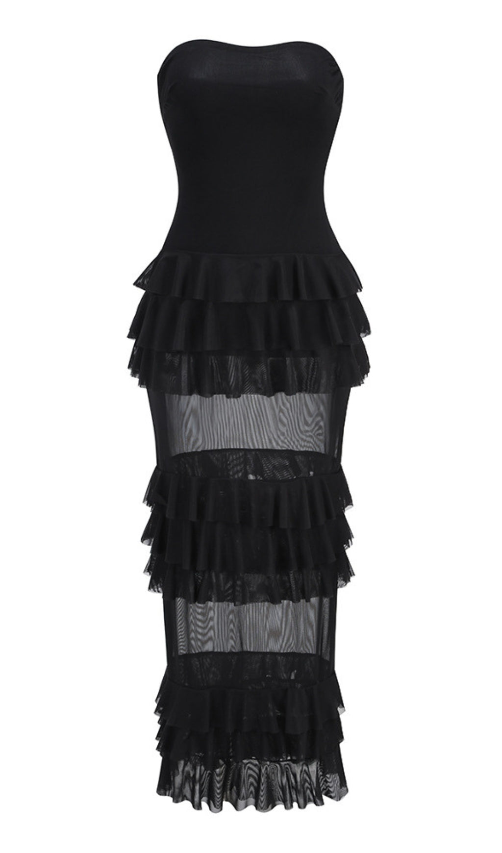 Schwarzes trägerloses Midikleid aus gestuftem Rüschennetz