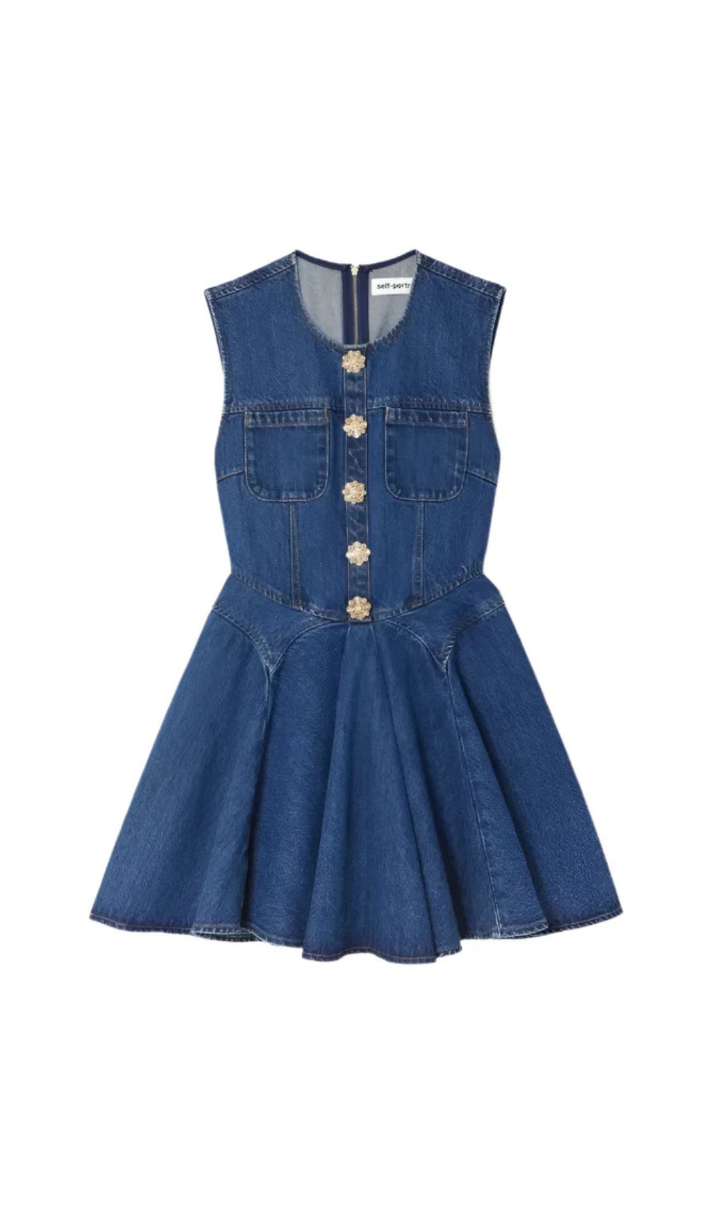 Ärmelloses Mini-Jeanskleid mit Blumenknöpfen in Blau