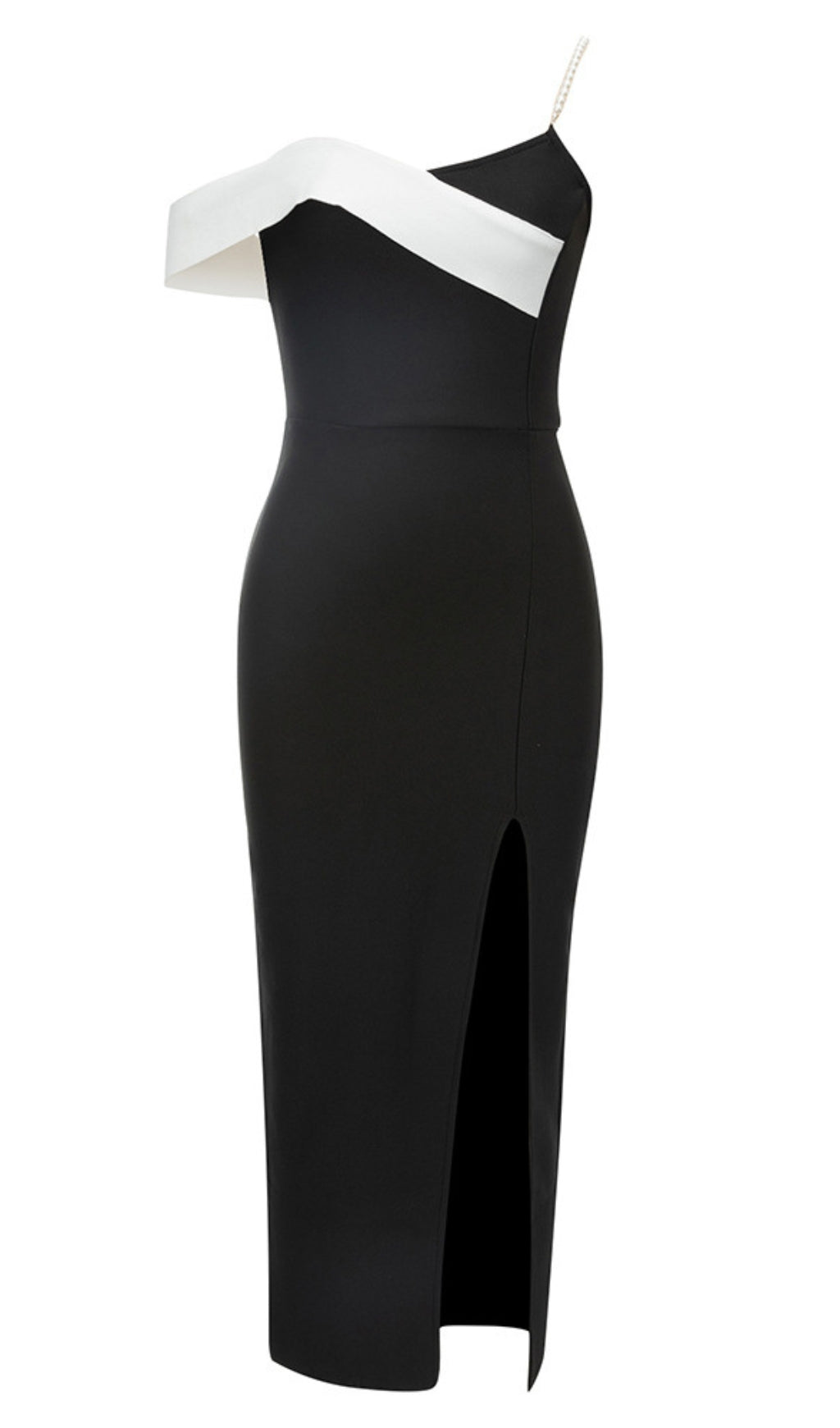 Asymmetrisches Midikleid mit Schlitz und Trägern in Schwarz und Weiß