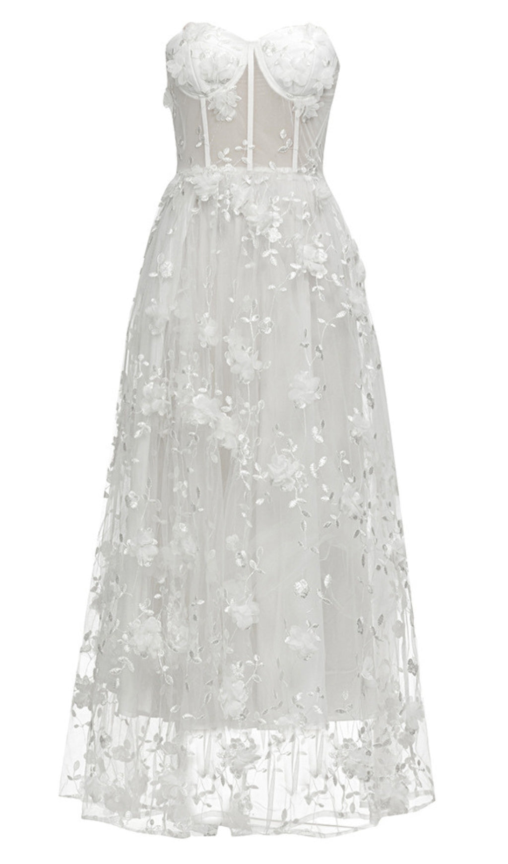 FLORAL - EMBROIDERED SHEER STRAPLESS MAXI DRESS IN WHITE