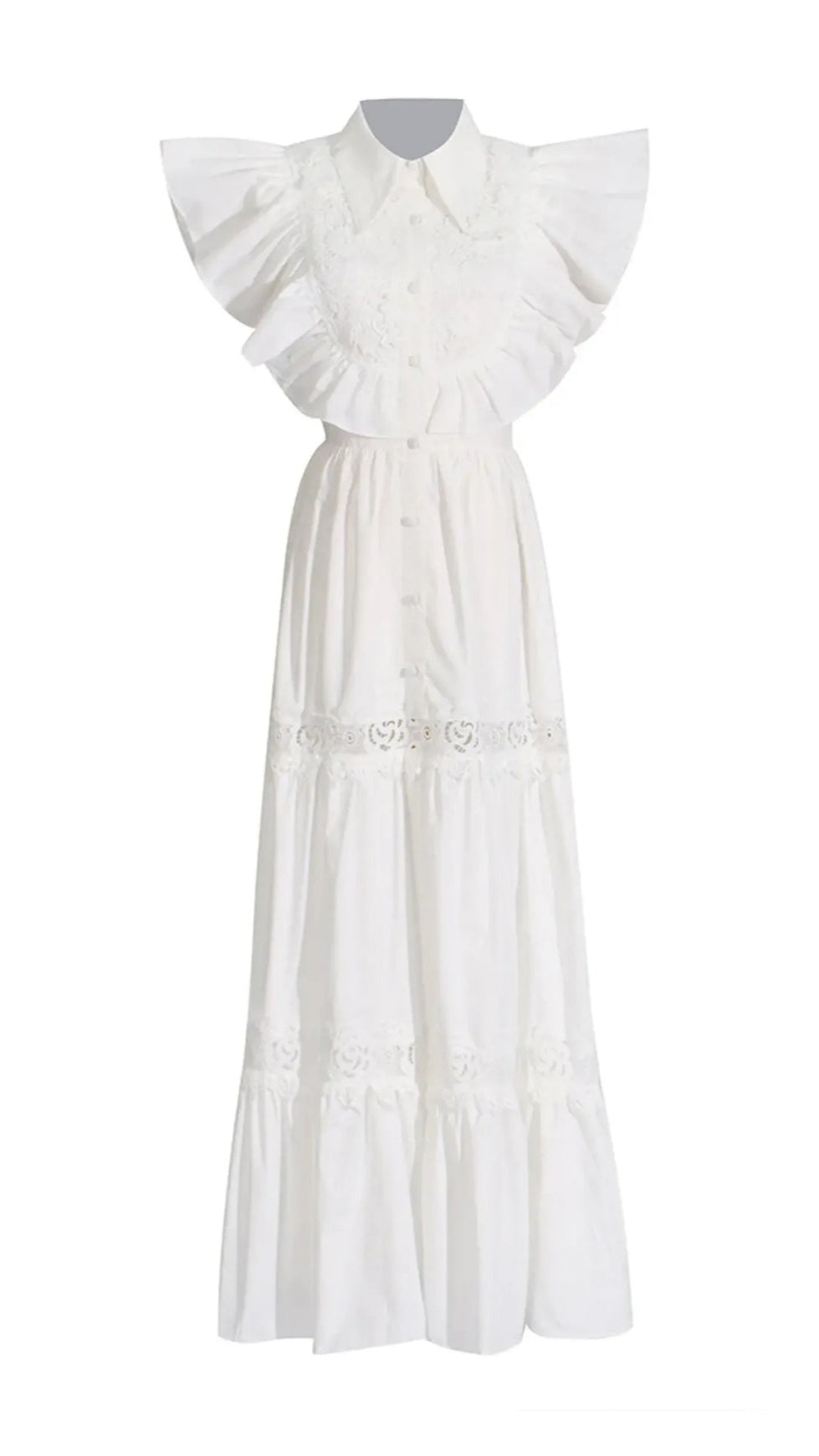 WHITE SLEEVELESS RUFFLE TRIM MIDI DRESS