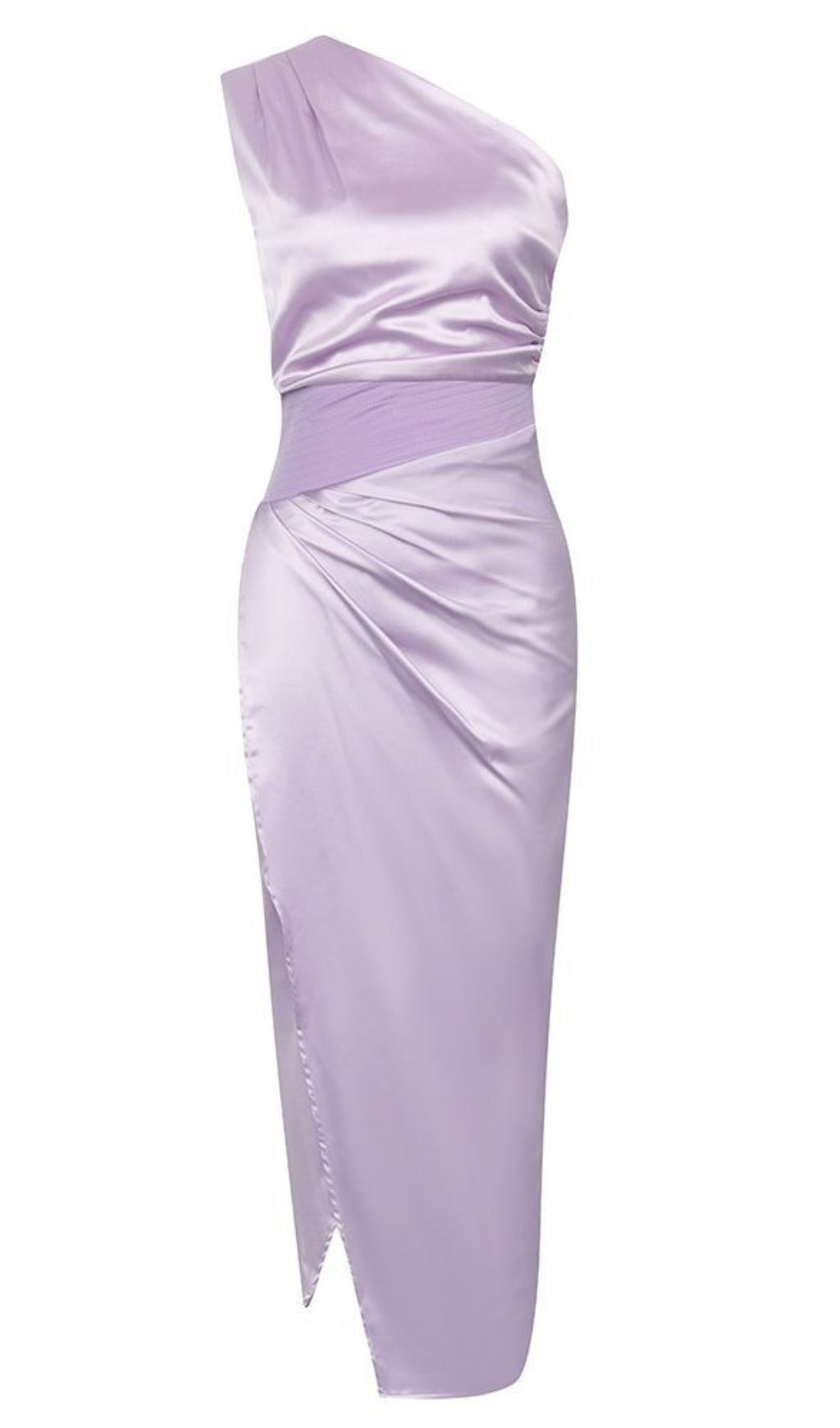 SATIN ONE - SHOULDER RUCHED SLIT MIDI DRESS IN LILAC