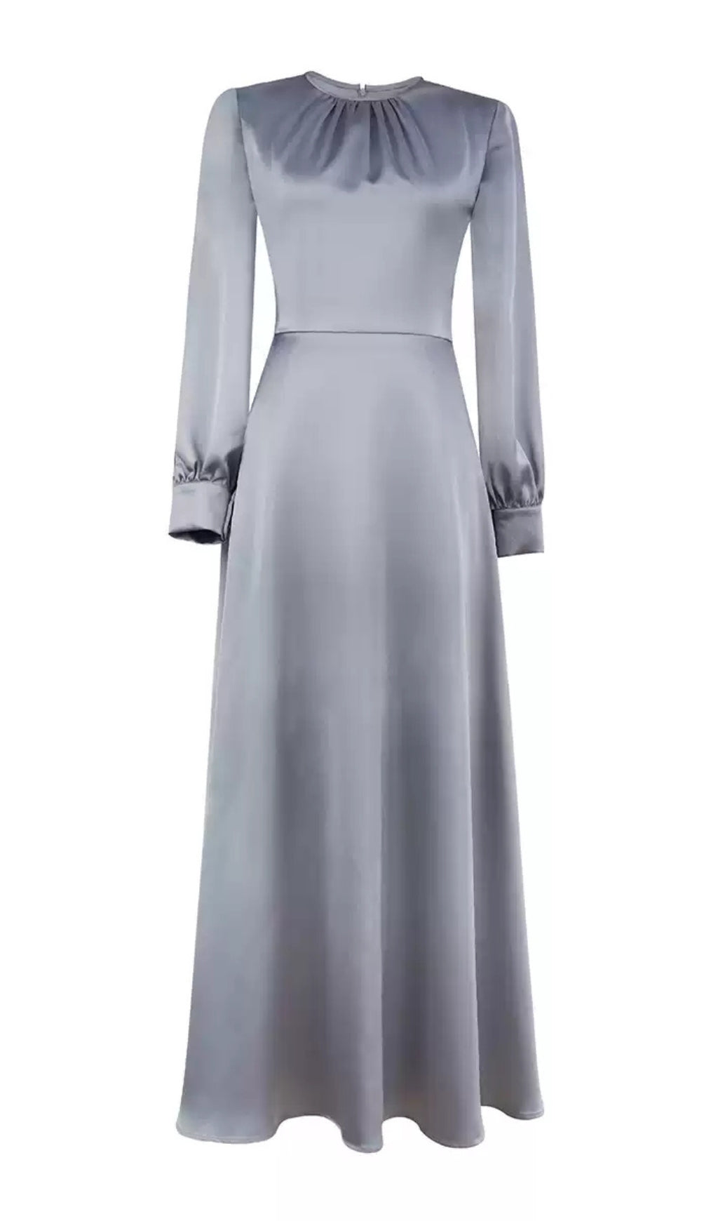 SILVER SATIN MAXI DRESS WITH LONG SLEEVES AND PLEATED NECKLINE