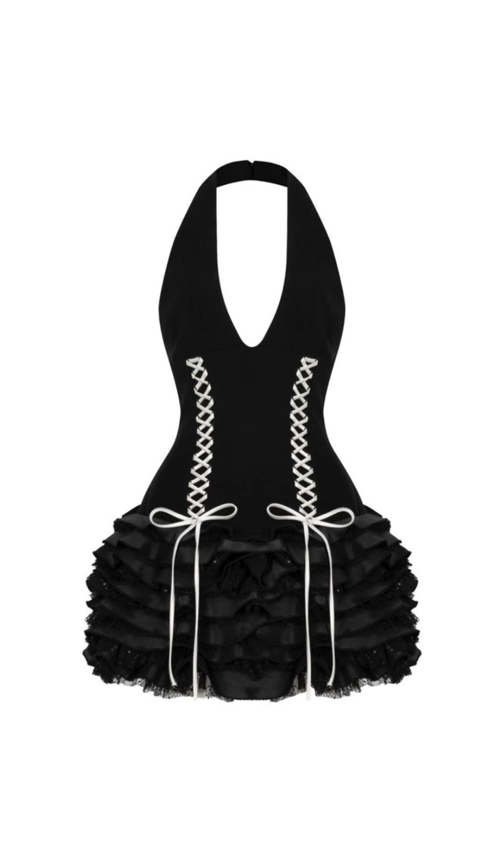 TRISTA LACE UP HALTER NECK RUFFLE MINI DRESS