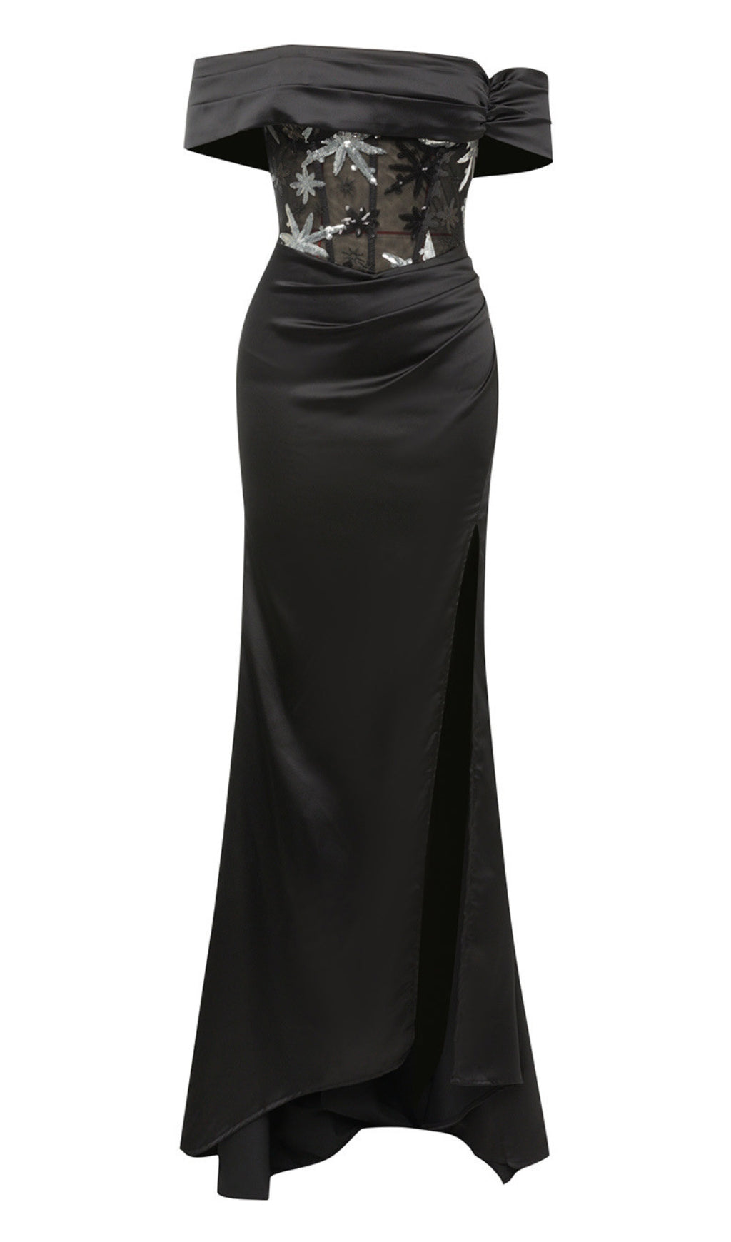 OFF - SHOULDER EMBROIDERED CORSET - WAIST SLIT GOWN IN BLACK