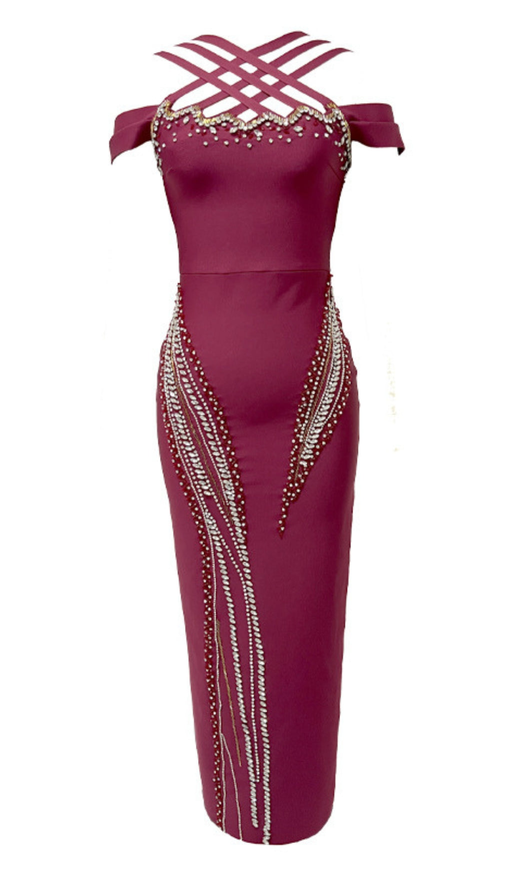 OFF SHOULDER CRISSCROSS RHINESTONE EMBELLISHED MIDI DRESS IN BURGUNDY