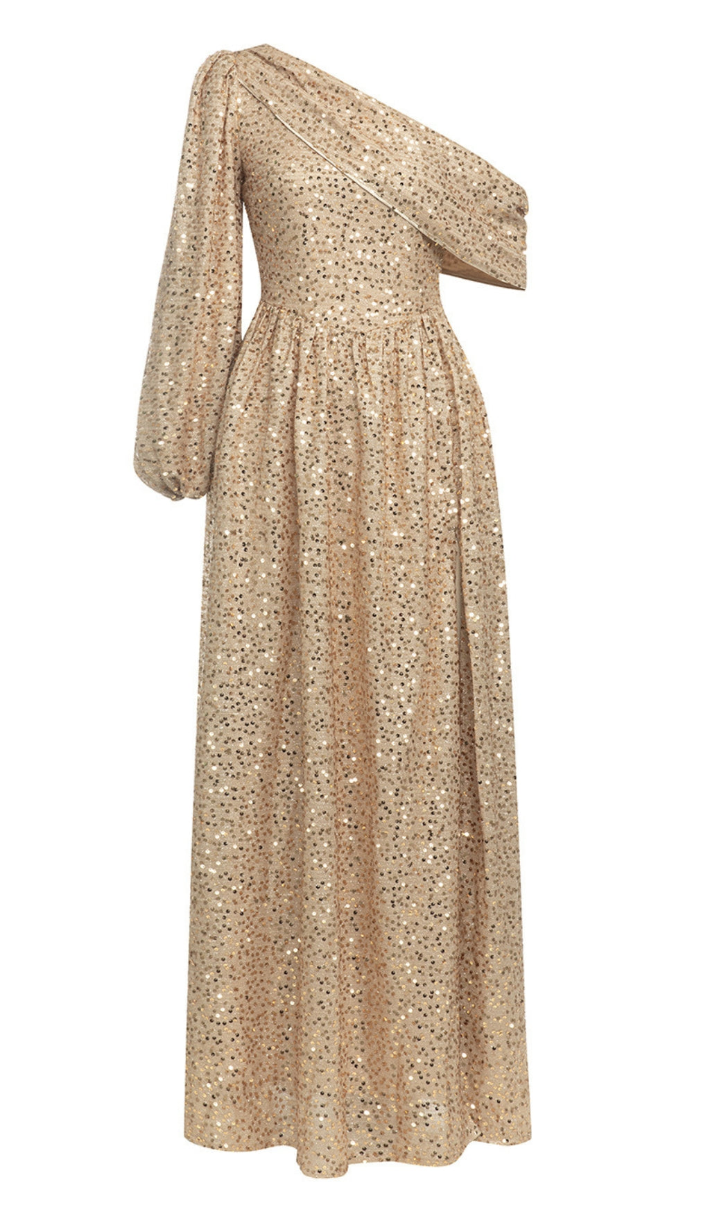 SEQUIN ONE - SHOULDER PUFF - SLEEVE MAXI DRESS IN GOLD