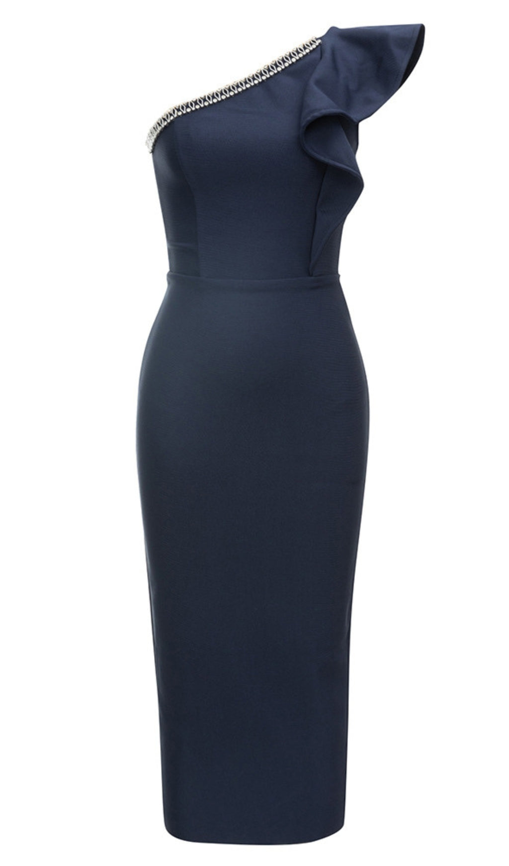 ONE - SHOULDER RHINESTONE - TRIM RUFFLE MIDI DRESS IN NAVY BLUE