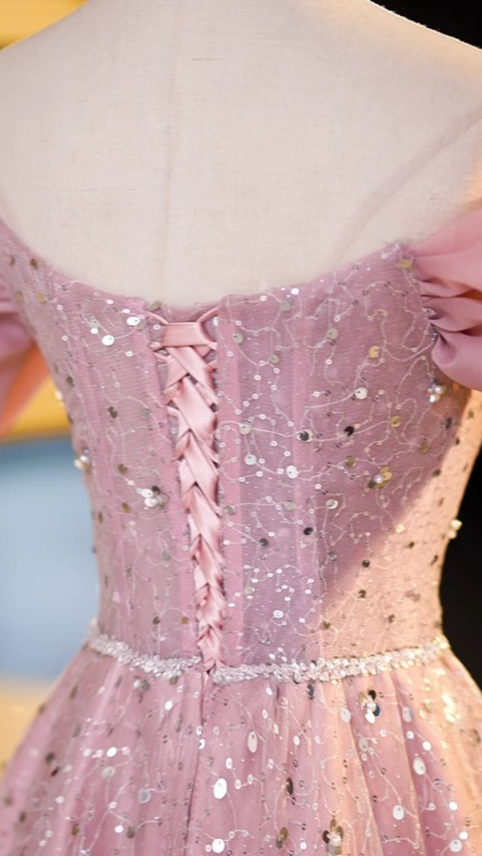 AIIZIE PINK SEQUIN OFF SHOULDER BOW PROM FORMAL MAXI DRESS - product image