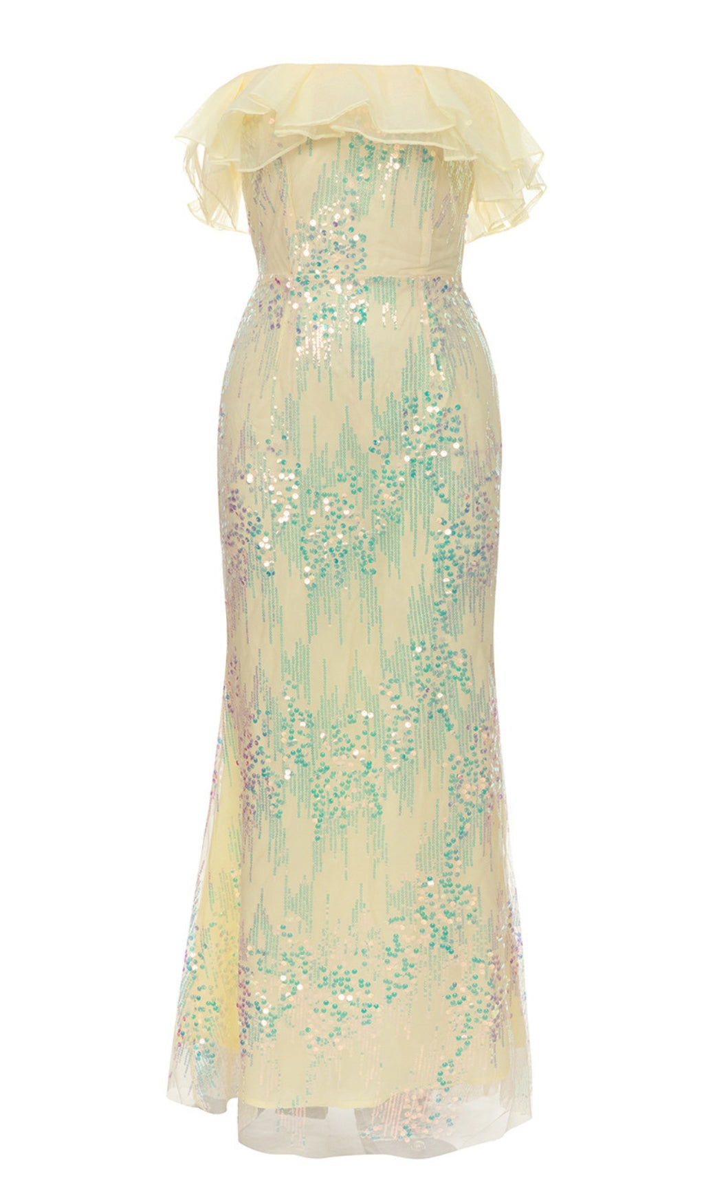 SEQUIN RUFFLE - NECK OFF - SHOULDER MERMAID GOWN IN YELLOW