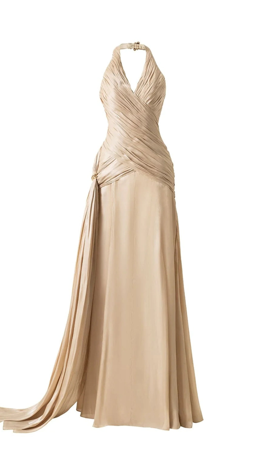 CORSET WAIST SILK BLEND HALTER FLOOR LENGTH DRESS IN CHAMPAGNE