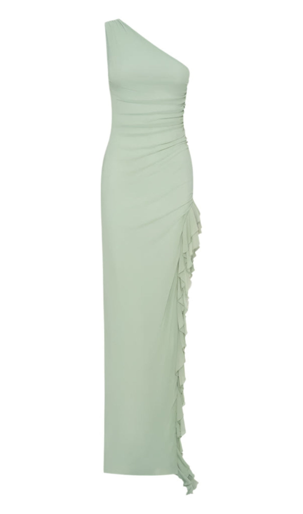 Maxikleid mit One-Shoulder-Träger, Schlitz und Rüschenbesatz in Salbeigrün