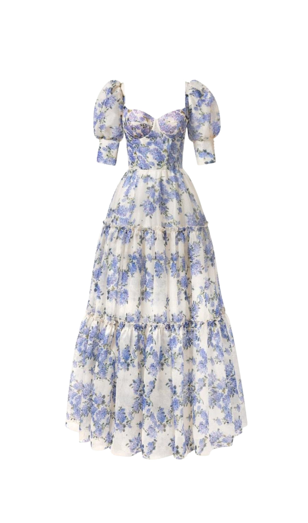 HYDRANGEA PRINT VOLUMINOUS SLEEVES MAXI DRESS IN BLUE