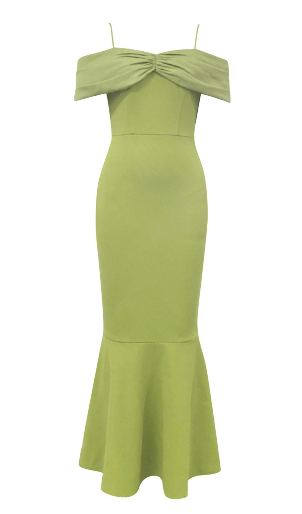 OFF - SHOULDER BOW - FRONT MERMAID MIDI DRESS IN GREEN