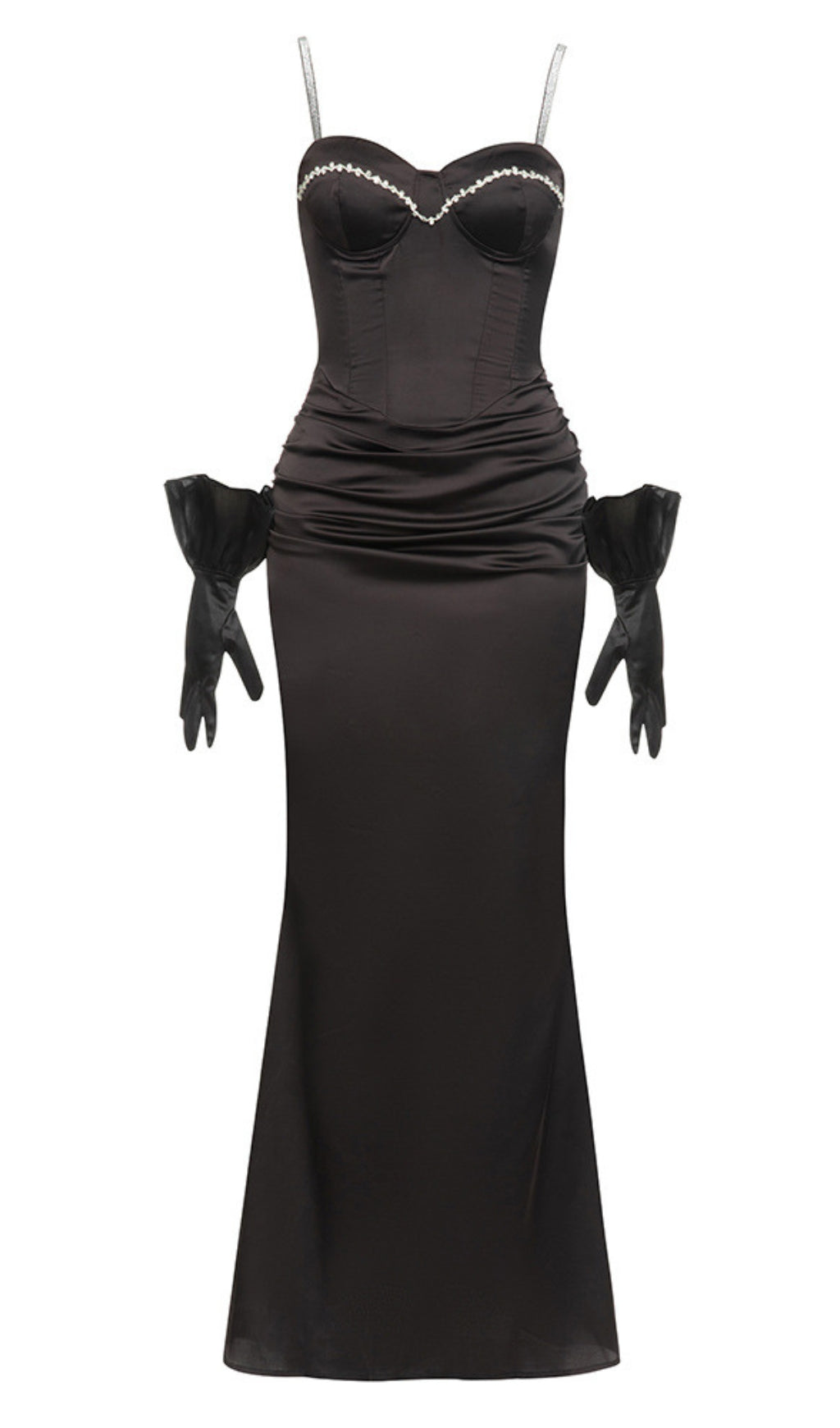 SATIN CORSET - STYLE RHINESTONE - TRIM MAXI DRESS WITH GLOVES IN BLACK