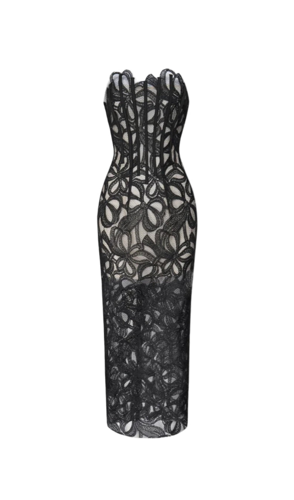 LETITIA STRAPLESS FLOWER EMBROIDERED MIDI DRESS