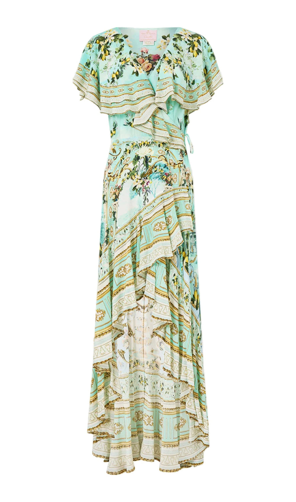 GREEN-MULTI PRINTED RUFFLED V-NECK IRREGULAR HEM SILK MAXI DRESS