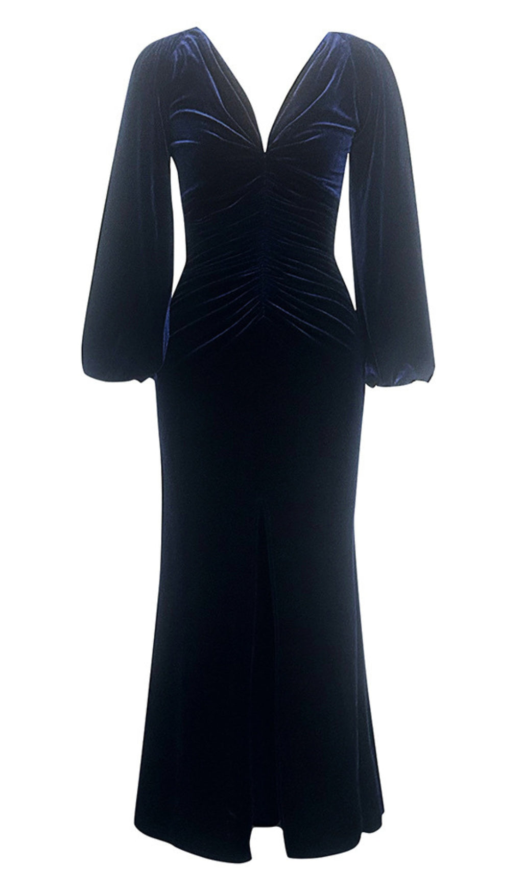 ABITO MIDI A SIRENA IN VELLUTO CON MANICHE A SBUFFO E RUCHES, BLU NAVY