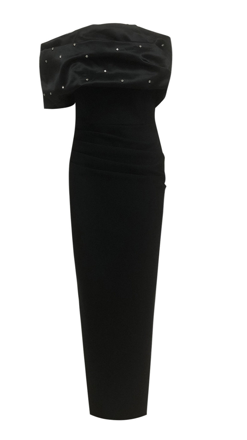 BLACK BEADED OFF SHOULDER RUCHED BODYCON MAXI DRESS