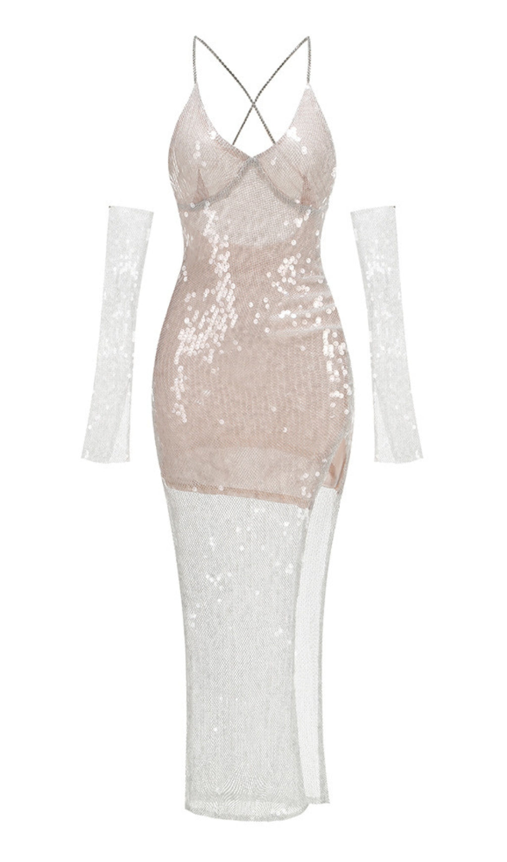 SEQUIN MESH CROSS - STRAP MIDI DRESS WITH GLOVES