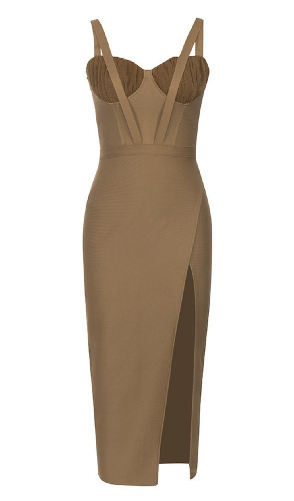 Hellbraunes Bandagekleid mit transparentem Bustier und Seitenschlitz