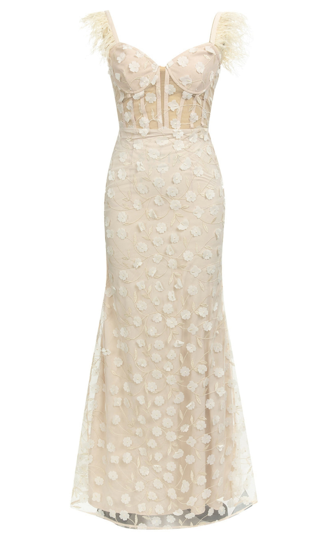 FEATHER - STRAP FLORAL - EMBROIDERED MERMAID GOWN IN IVORY