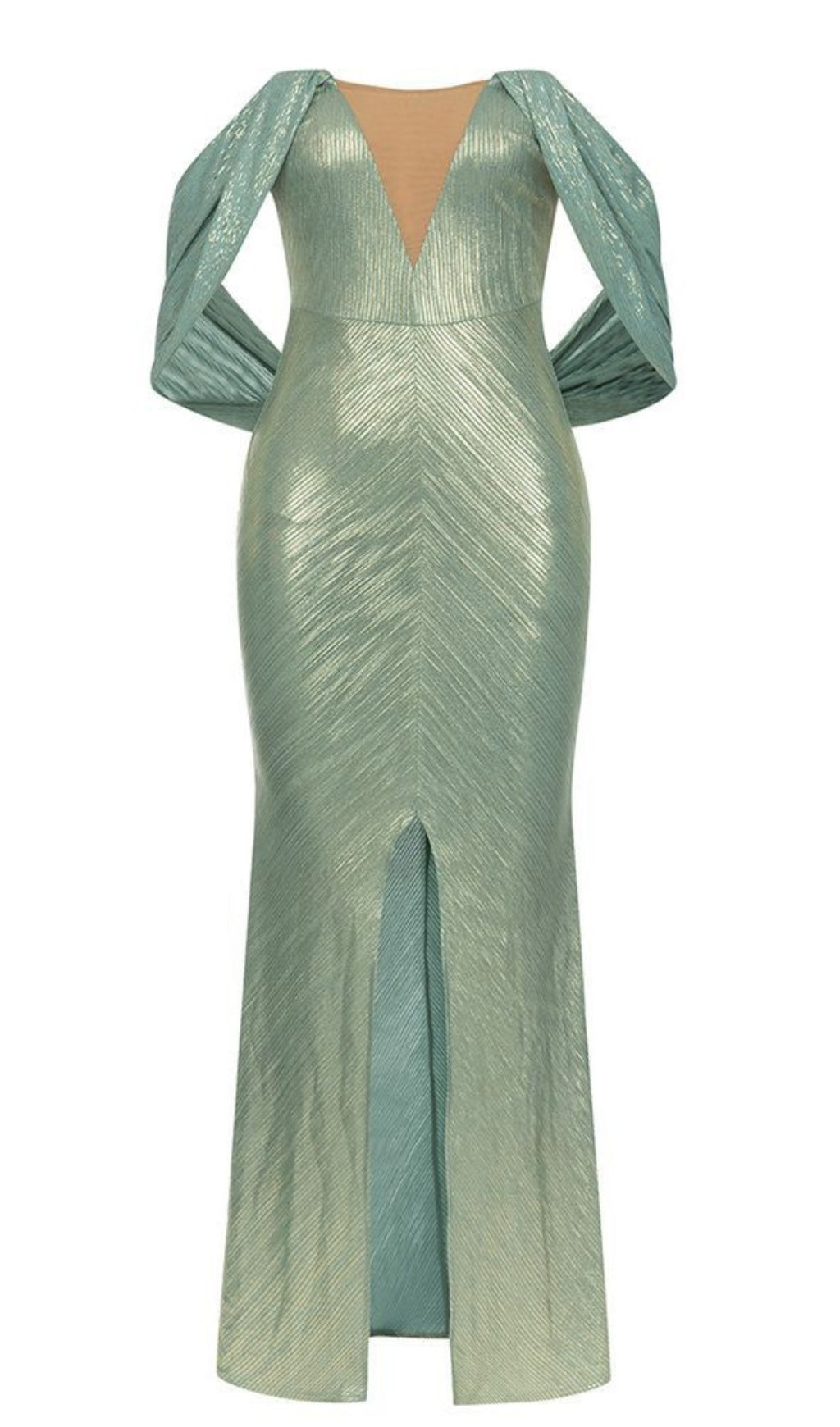 METALLIC V - NECK SLIT MAXI DRESS IN TEAL