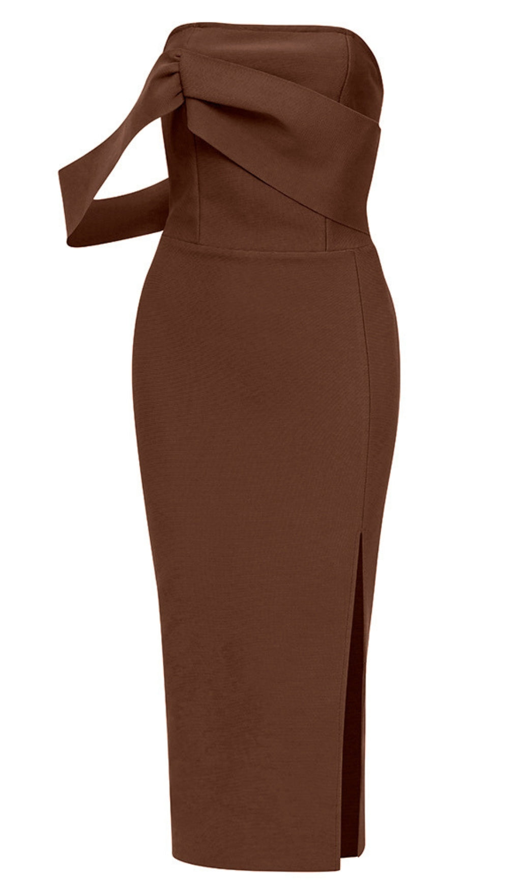 COFFEE STRAPLESS MIDI DRESS WITH SIDE SLIT