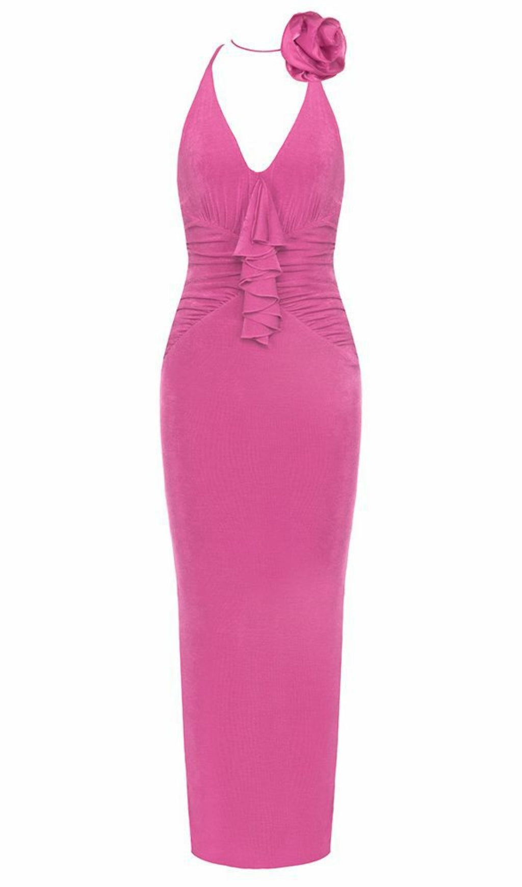 ABITO MIDI CON SCOLLO ALL'AMERICANO, FIORI E VOLANT ROSA