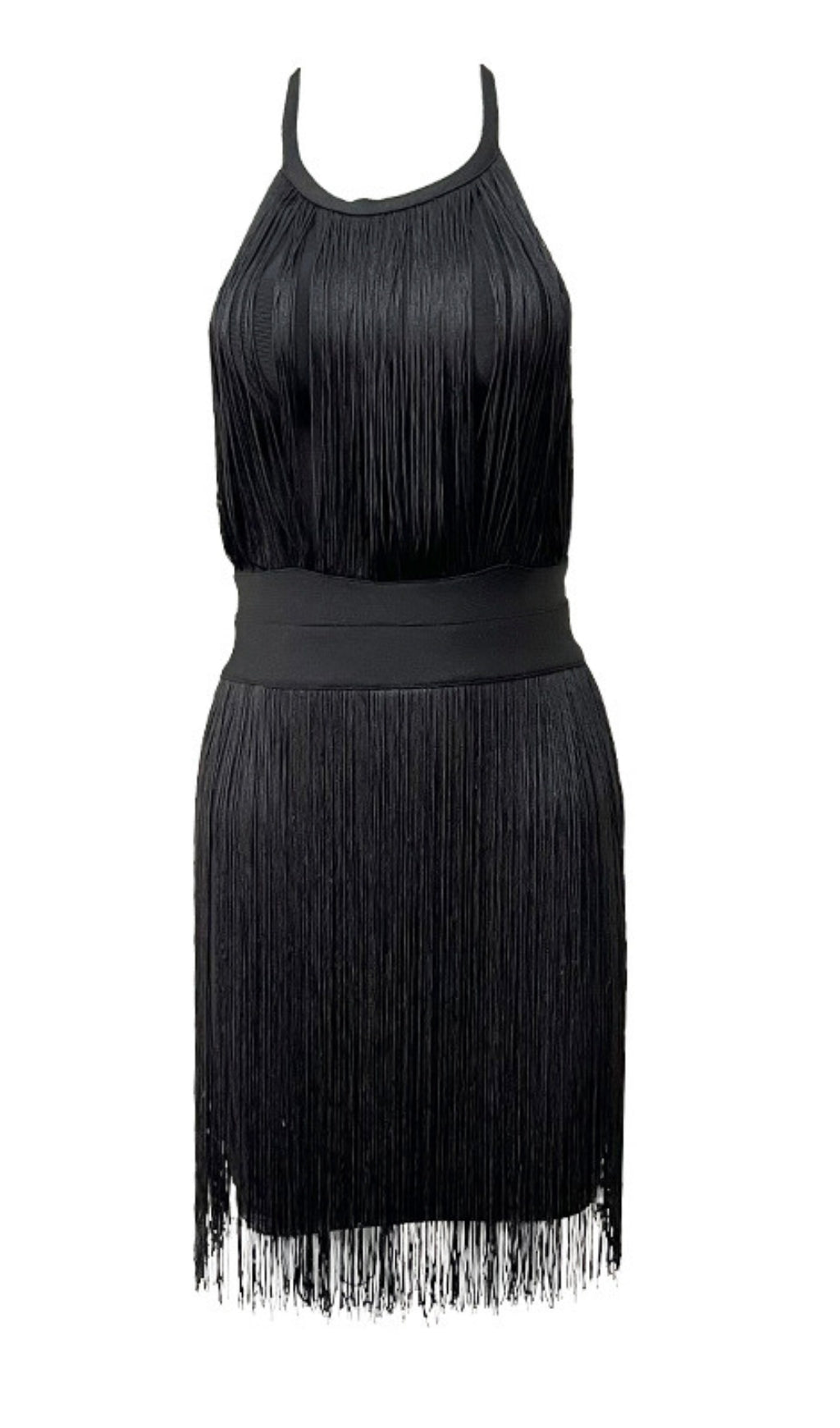 MINI ABITO NERO CON FRANGE E SCOLLO ALL'AMERICANO