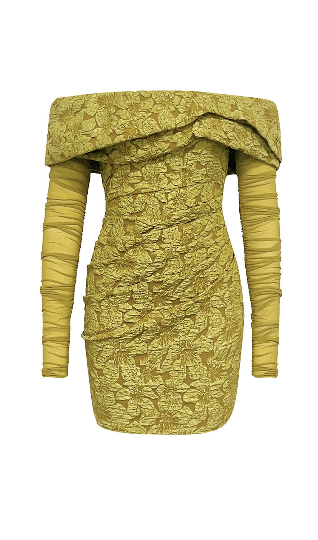 FLORAL JACQUARD OFF - SHOULDER RUCHED MINI DRESS IN GREEN