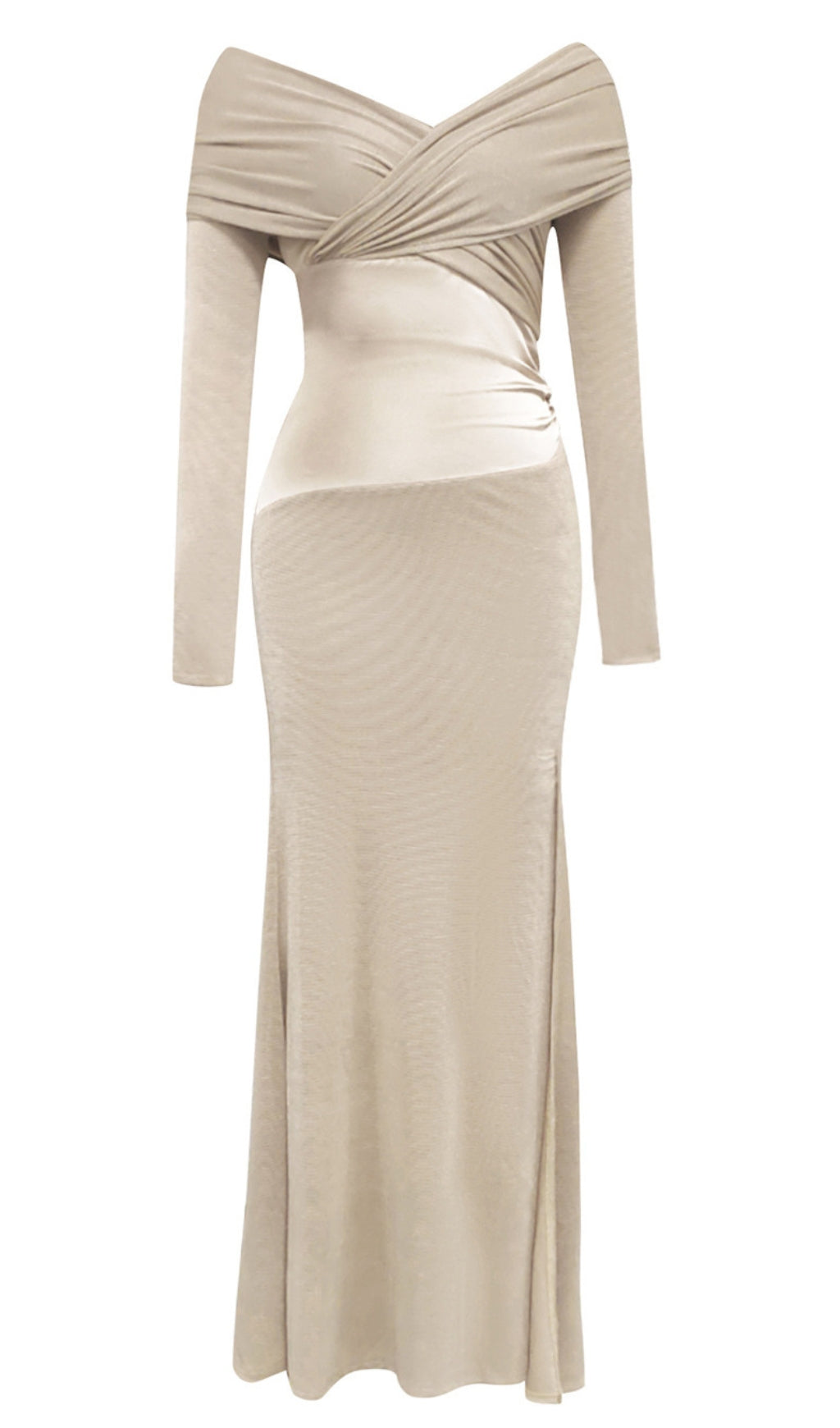 OFF - SHOULDER RUCHED WRAP MIDI DRESS IN NUDE